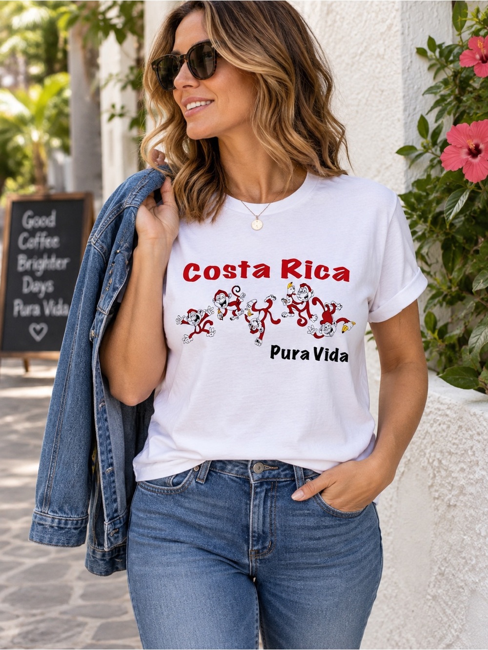 Costa Rica PURA VIDA Monkey Graphic Cotton T-Shirt White Large NWOT